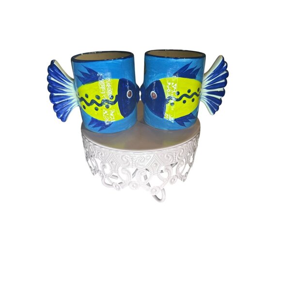 Hand-Painted Mexican Ceramic Fish Mug Set Blue & Yellow Artisan-Made Unique Tail - Picture 2 of 8